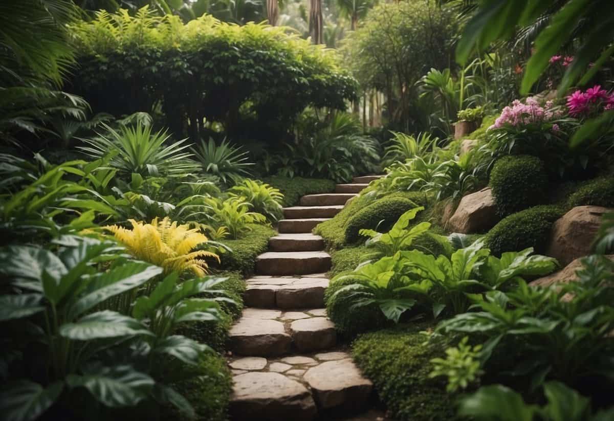 Lush green foliage surrounds a winding stone path, leading to a cozy seating area. Vibrant flowers and exotic plants fill the space, creating a serene jungle garden