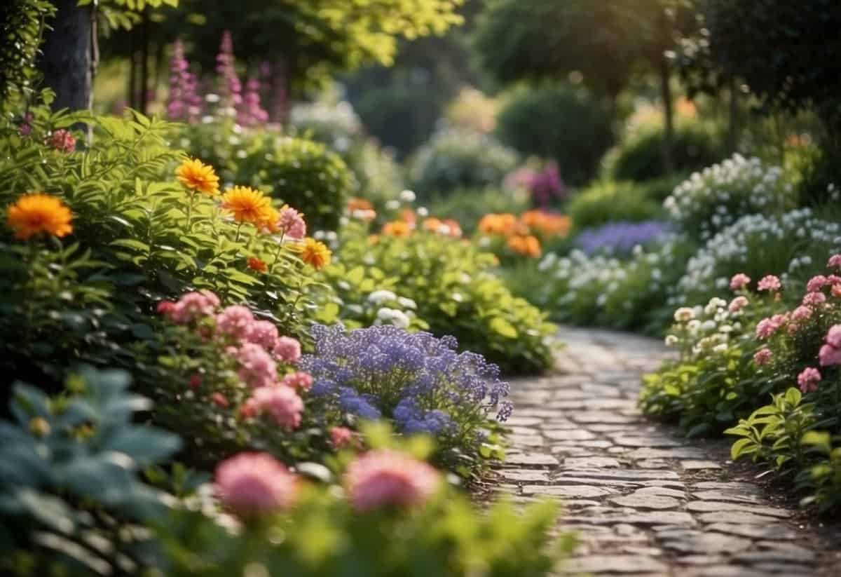 A winding stone pathway leads through a lush garden, bordered by colorful flowers and green foliage. The rustic entrance exudes a sense of tranquility and natural beauty