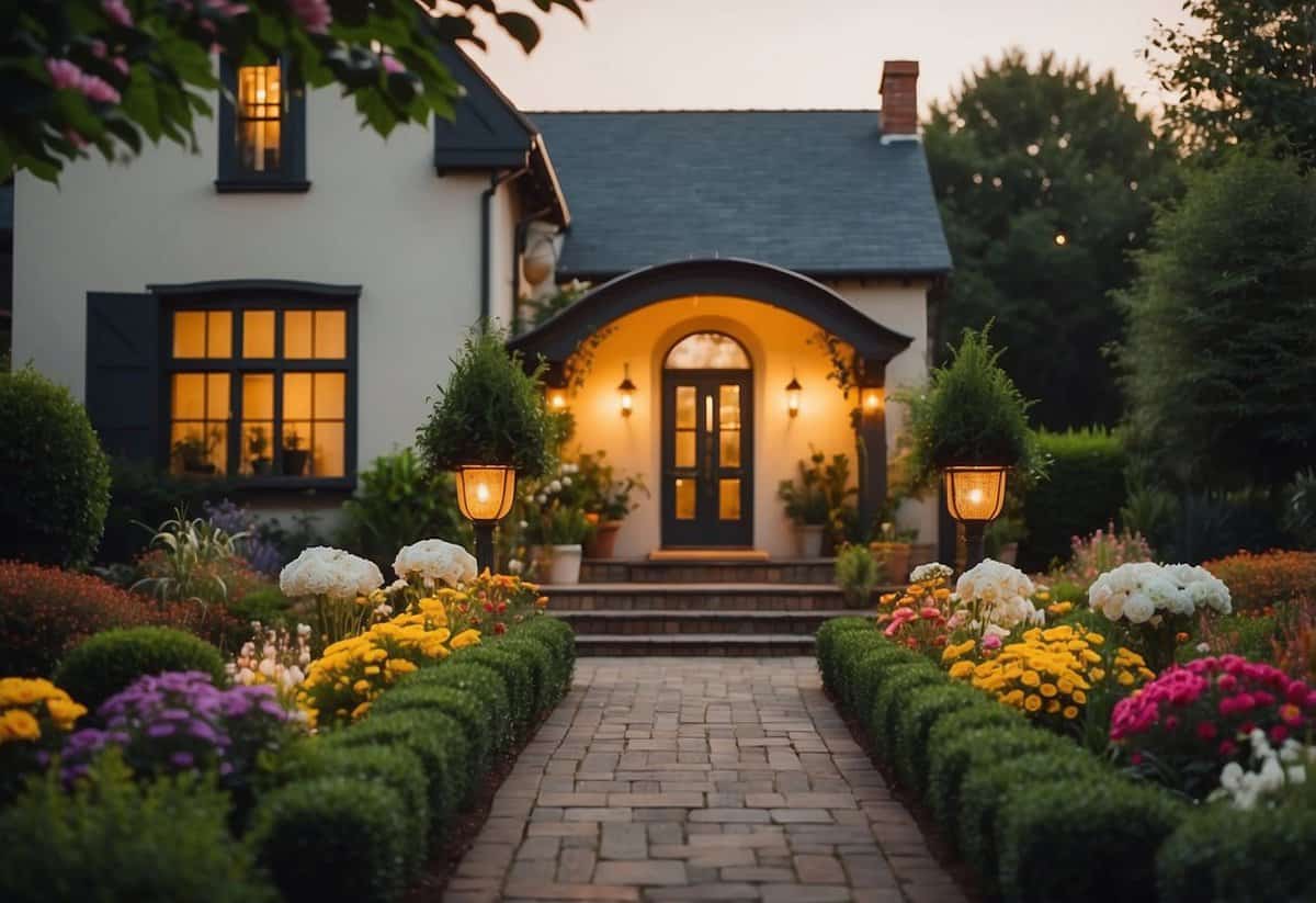 A pathway lined with soft, warm garden lights leads to a charming front entrance, surrounded by lush greenery and colorful flowers