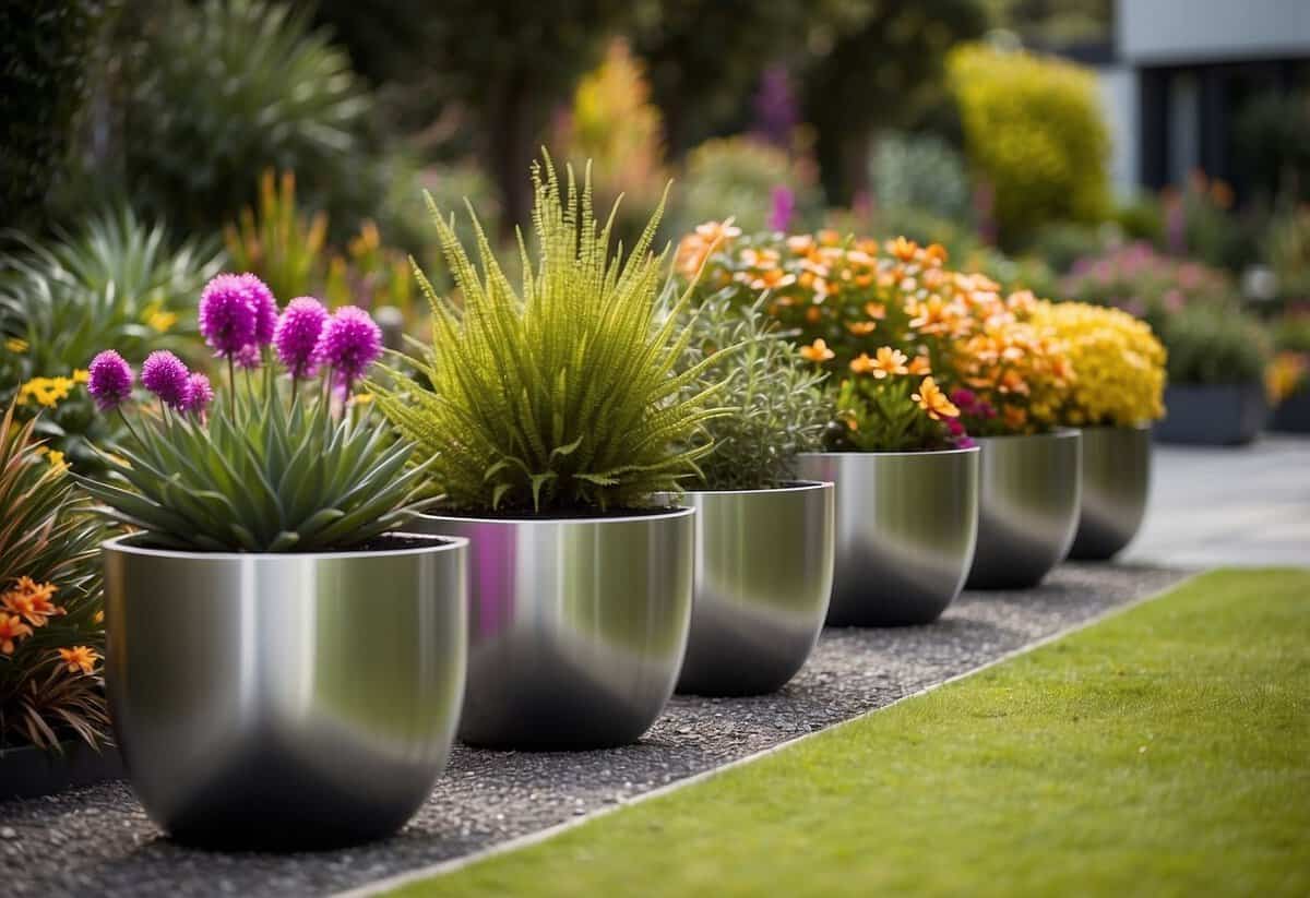 A row of sleek, modern metal planters line the entrance to a garden in New Zealand, filled with vibrant greenery and colorful blooms