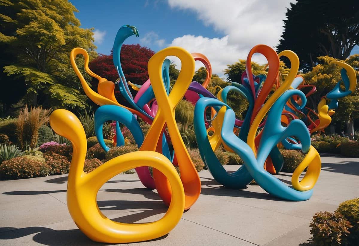 A colorful array of sculptures and installations adorn the front entrance garden, creating a vibrant and welcoming outdoor art display in New Zealand