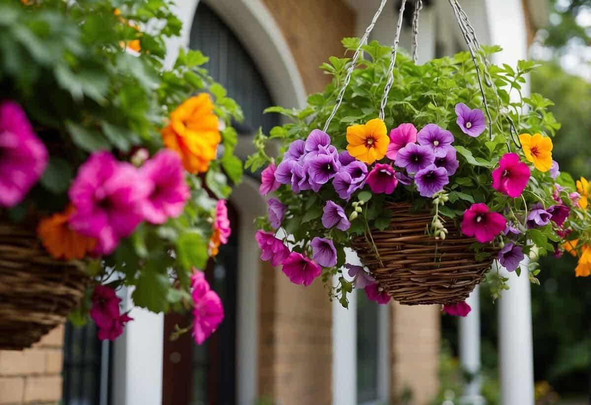 Colorful hanging baskets adorn the front entrance, adding a pop of color to the garden. Lush greenery spills over the edges, creating a welcoming and inviting atmosphere