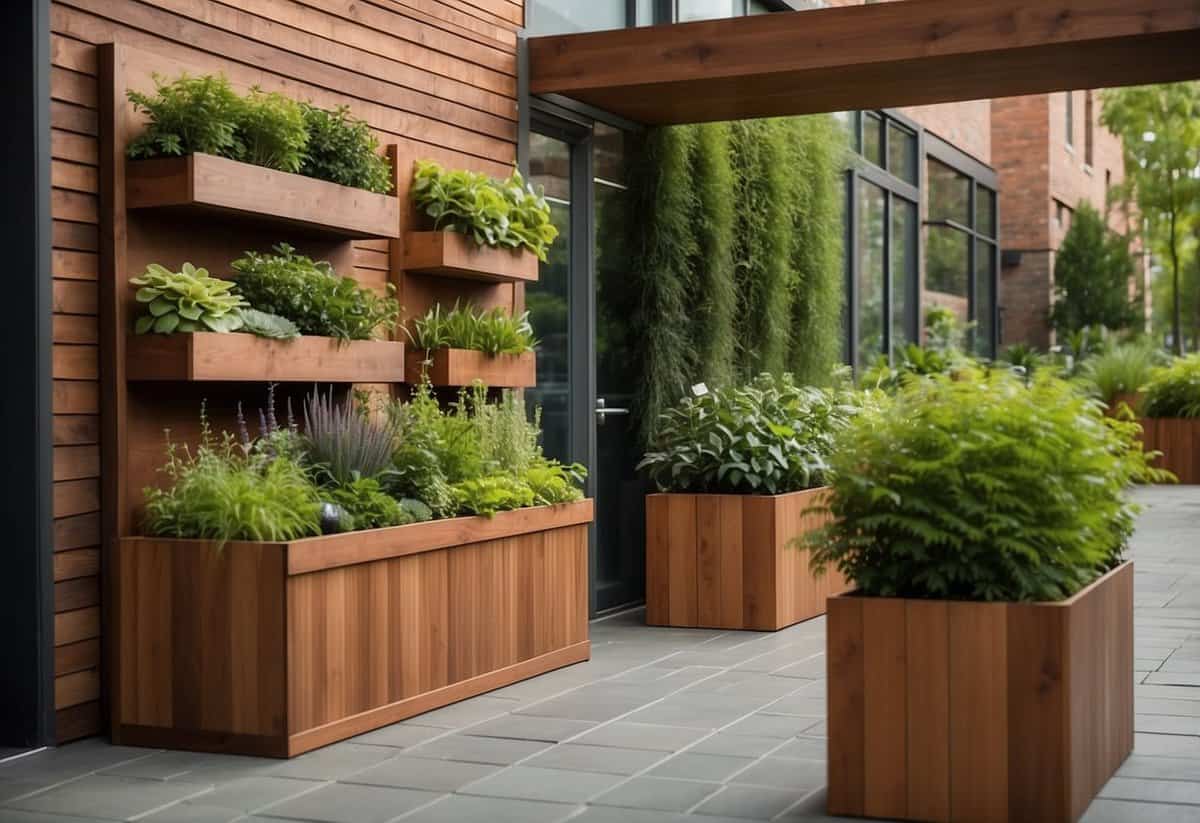 A vertical herb garden adorns the front entrance, with lush greenery cascading down wooden planters. The garden provides a beautiful and practical welcome for visitors