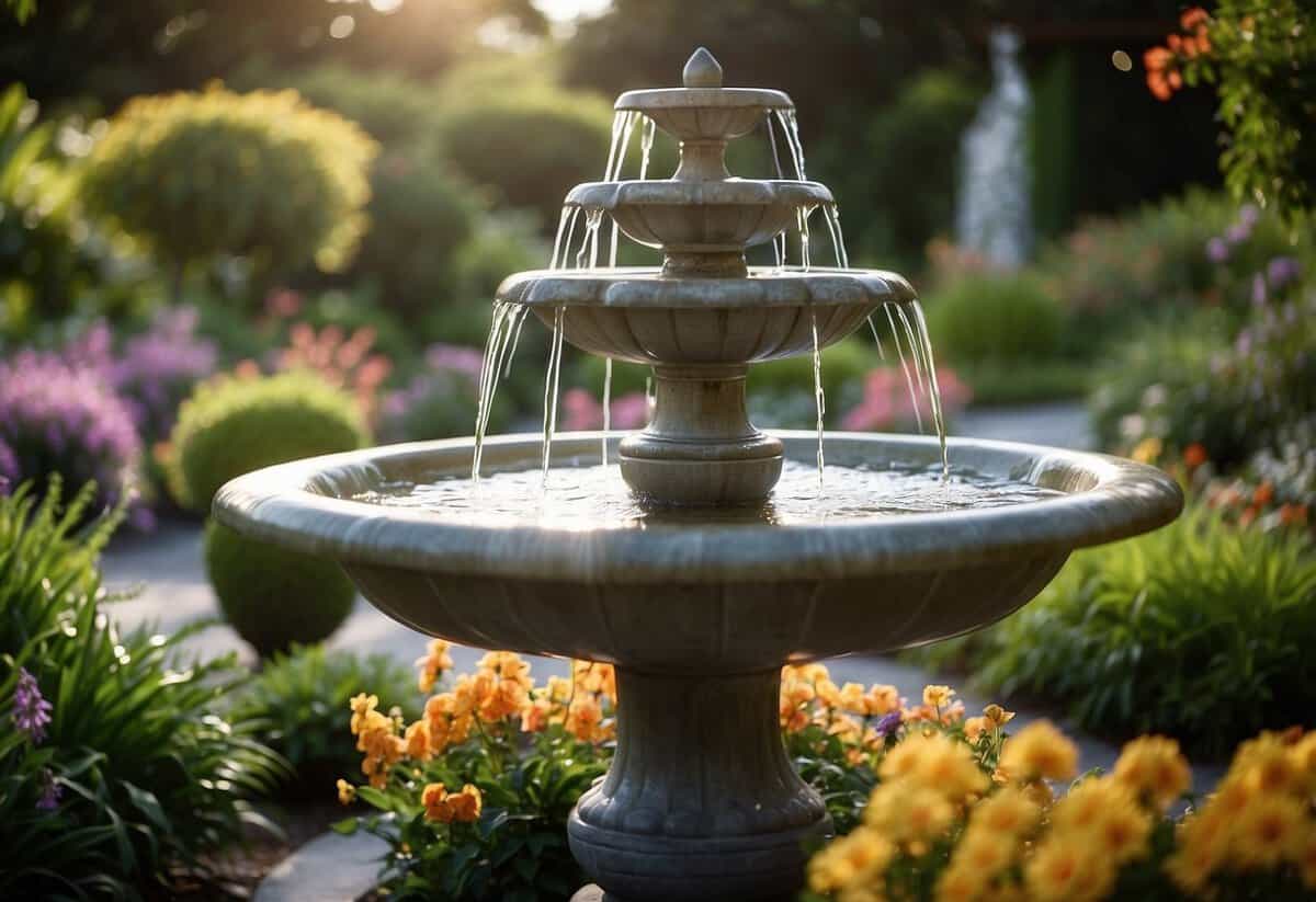 A water feature fountain sits at the front entrance of a lush garden in New Zealand. The fountain is surrounded by vibrant flowers and greenery, creating a serene and inviting atmosphere