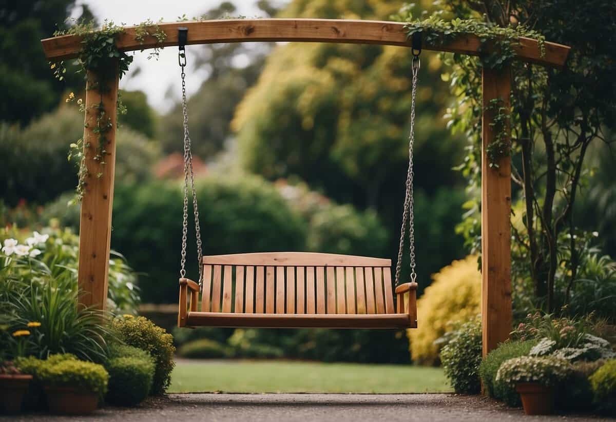 A wooden garden swing hangs from a sturdy frame in a lush front entrance garden in New Zealand