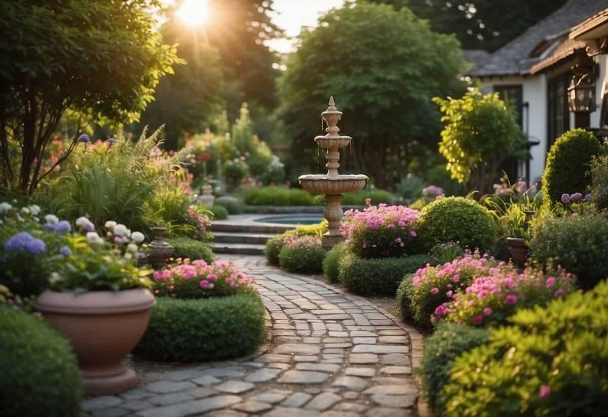 A winding path leads to a charming front entrance garden, with colorful flowers and lush greenery. A small fountain adds a touch of tranquility, while carefully placed lighting illuminates the space at night