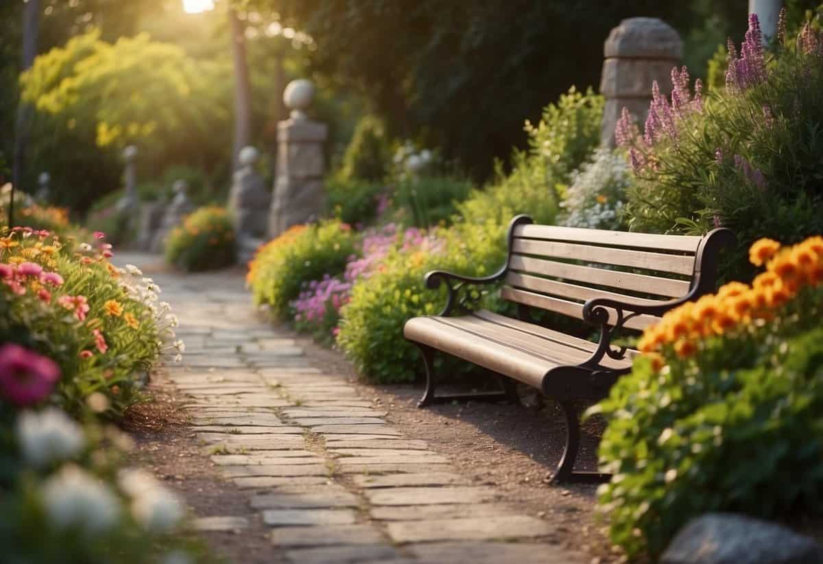 A winding stone pathway lined with colorful flowers and lush greenery leads to a charming front entrance, with a cozy bench and soft lighting creating a warm and inviting atmosphere