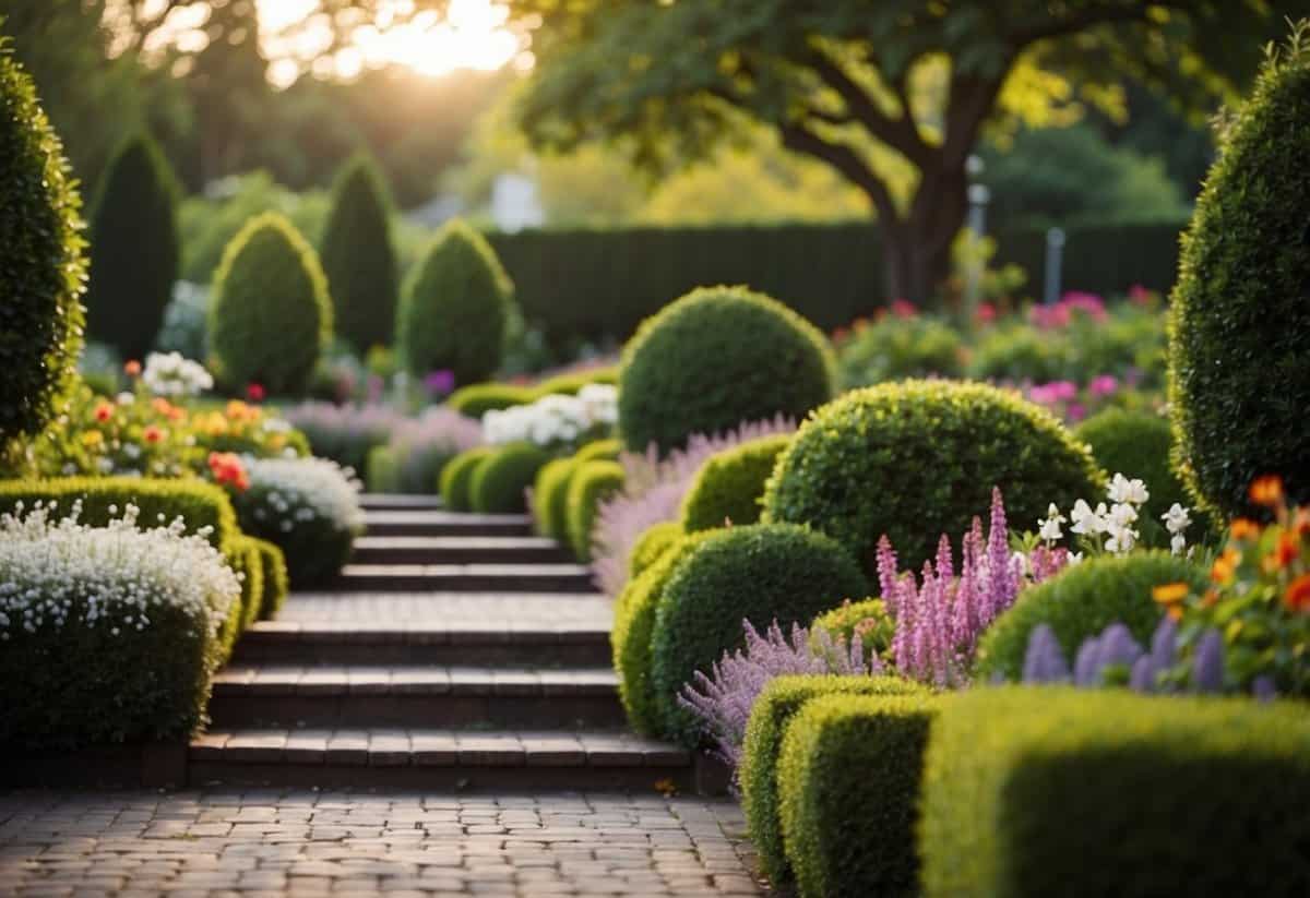 A well-maintained garden with colorful flowers and neatly trimmed hedges, surrounded by a pathway and decorative lighting. A variety of plants and shrubs add texture and depth to the landscape