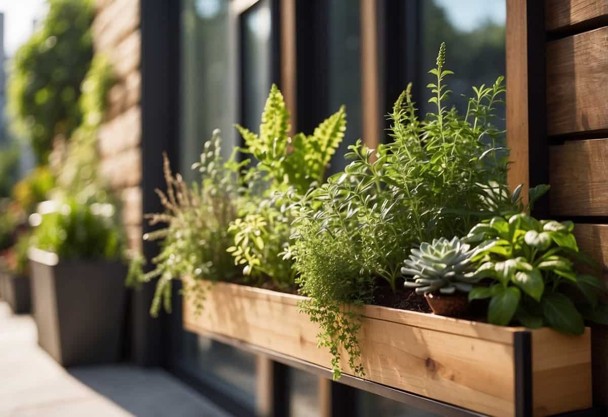 A tall wooden planter box filled with various herbs, mounted on a sunny outdoor wall with lush greenery in the background