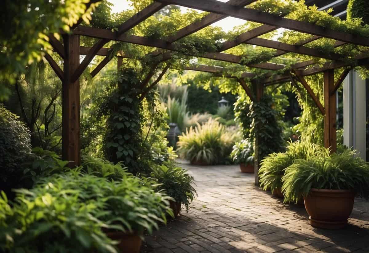 A pergola covered in lush climbing plants, surrounded by a well-manicured garden in New Zealand