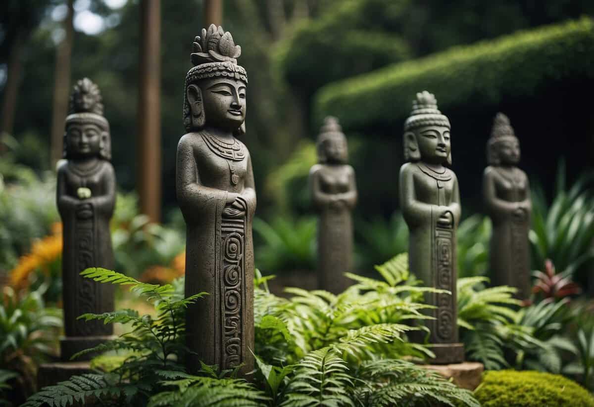 Lush green garden with Māori totem statues standing tall, surrounded by native New Zealand flora