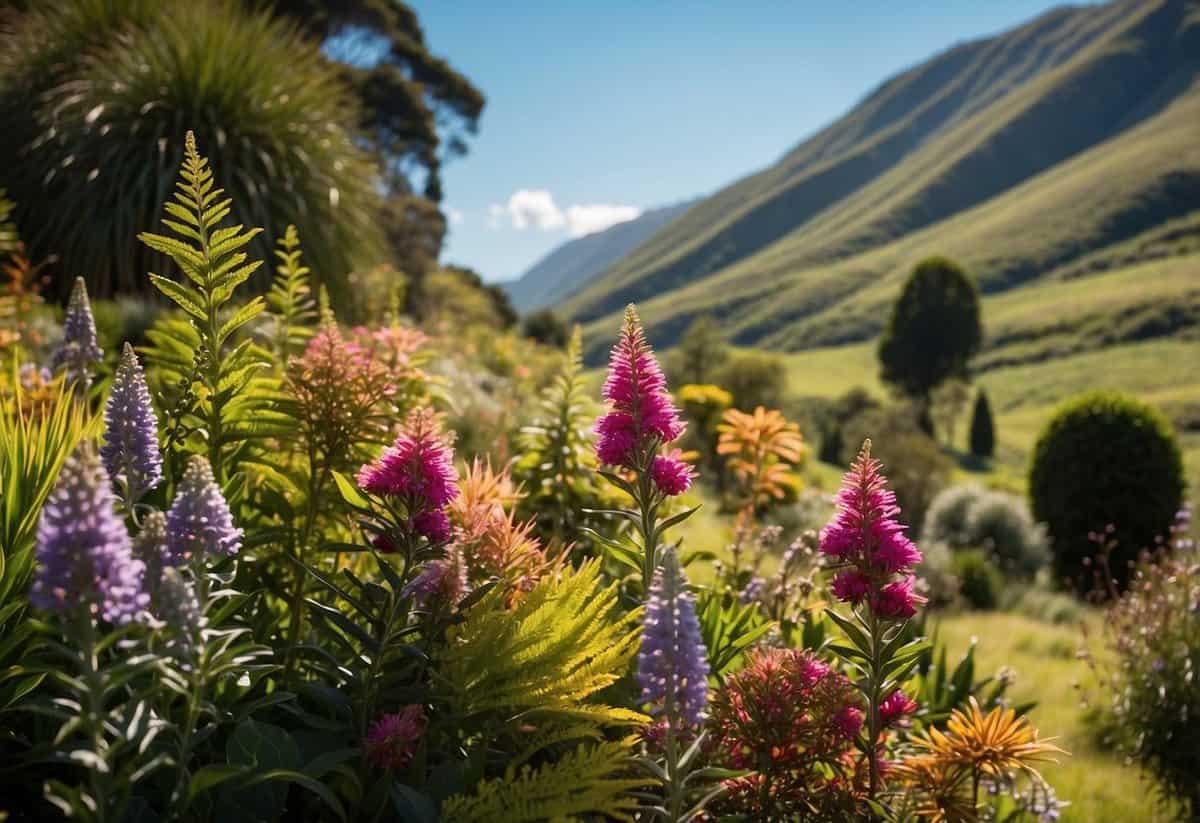 A lush garden in New Zealand, with vibrant native plants and colorful flowers, set against a backdrop of rolling hills and a clear blue sky