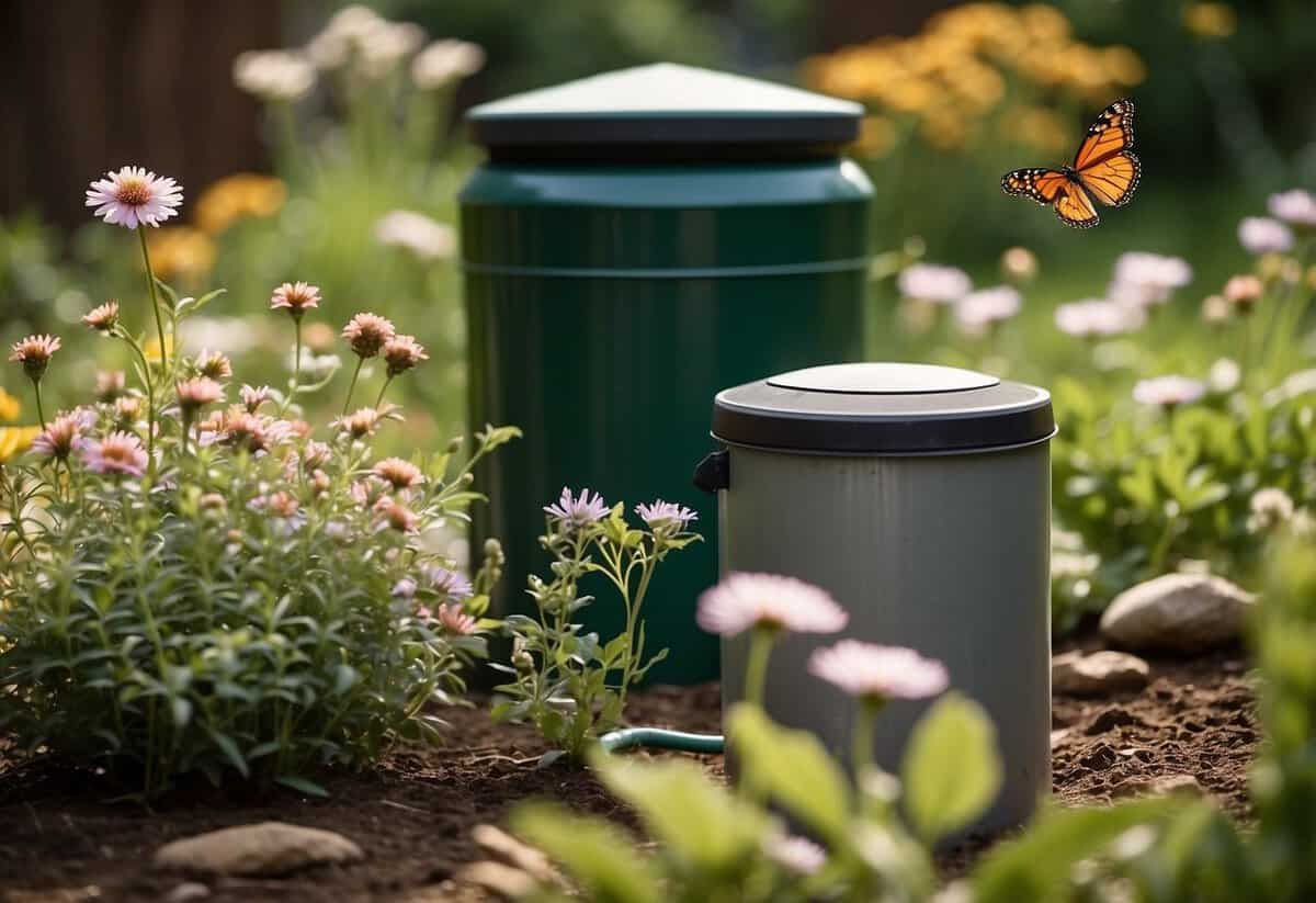 A lush garden with compost bins, rainwater barrels, and native plants. Bees and butterflies flit among the flowers, and a small solar panel powers a fountain