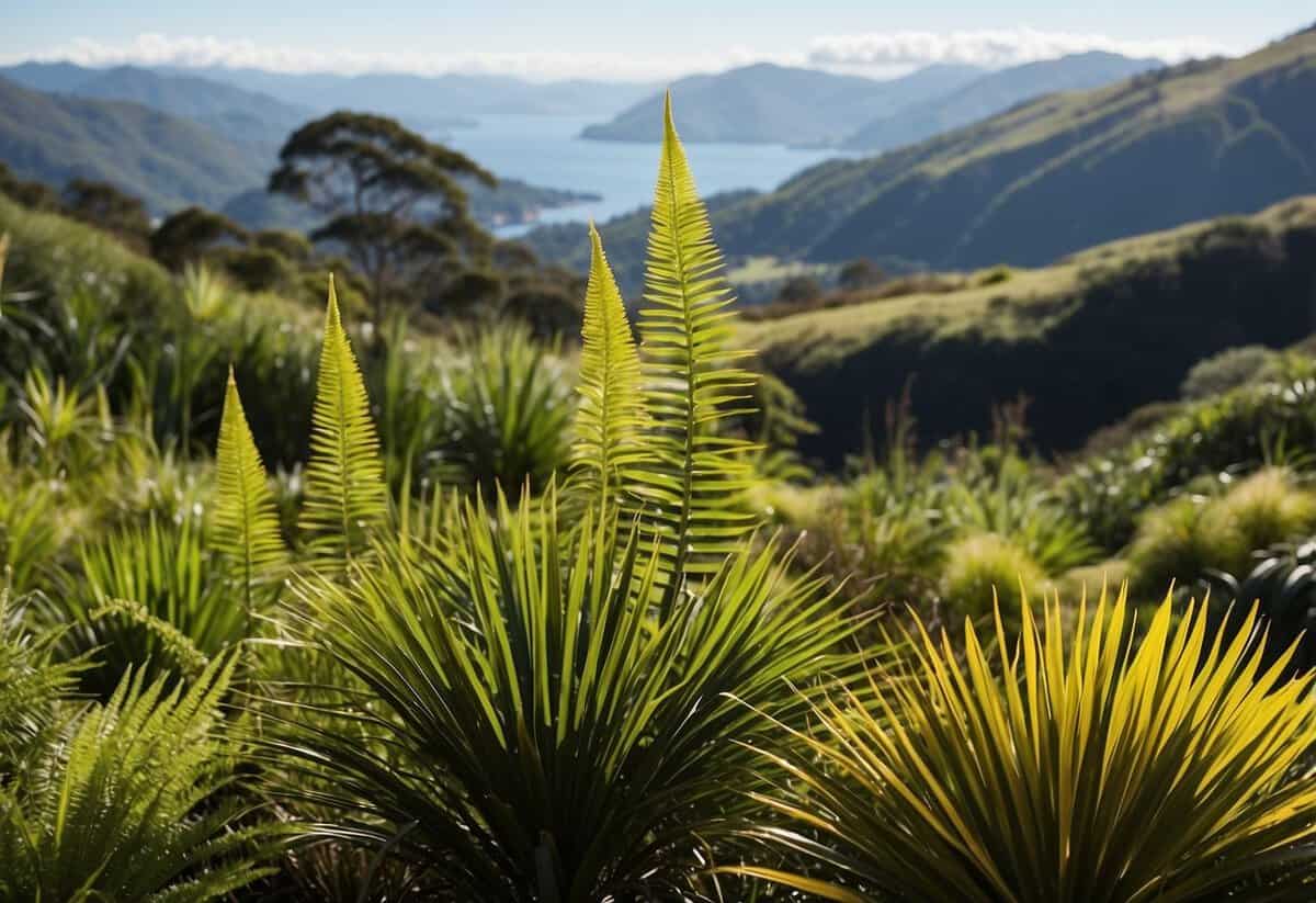 A lush native garden filled with tall harakeke (New Zealand flax) plants, surrounded by native ferns and shrubs, with a backdrop of rolling hills and a clear blue sky