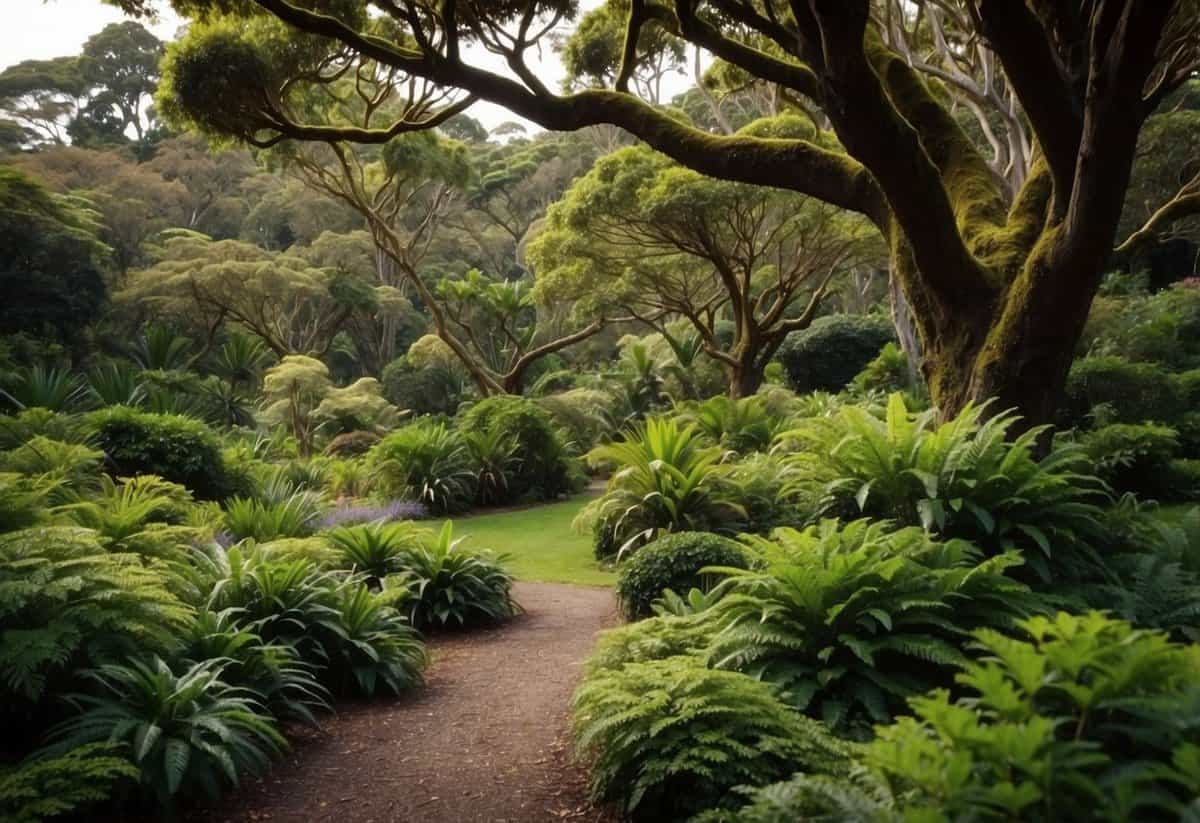 Lush Akeake trees sway in a native New Zealand garden, surrounded by vibrant flora and fauna