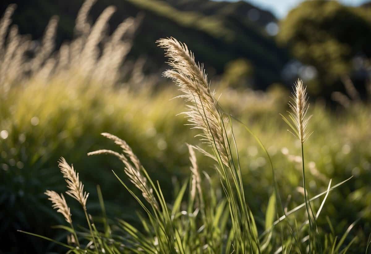 Lush toetoe grasses sway in the gentle breeze, surrounded by native New Zealand plants in a vibrant garden setting