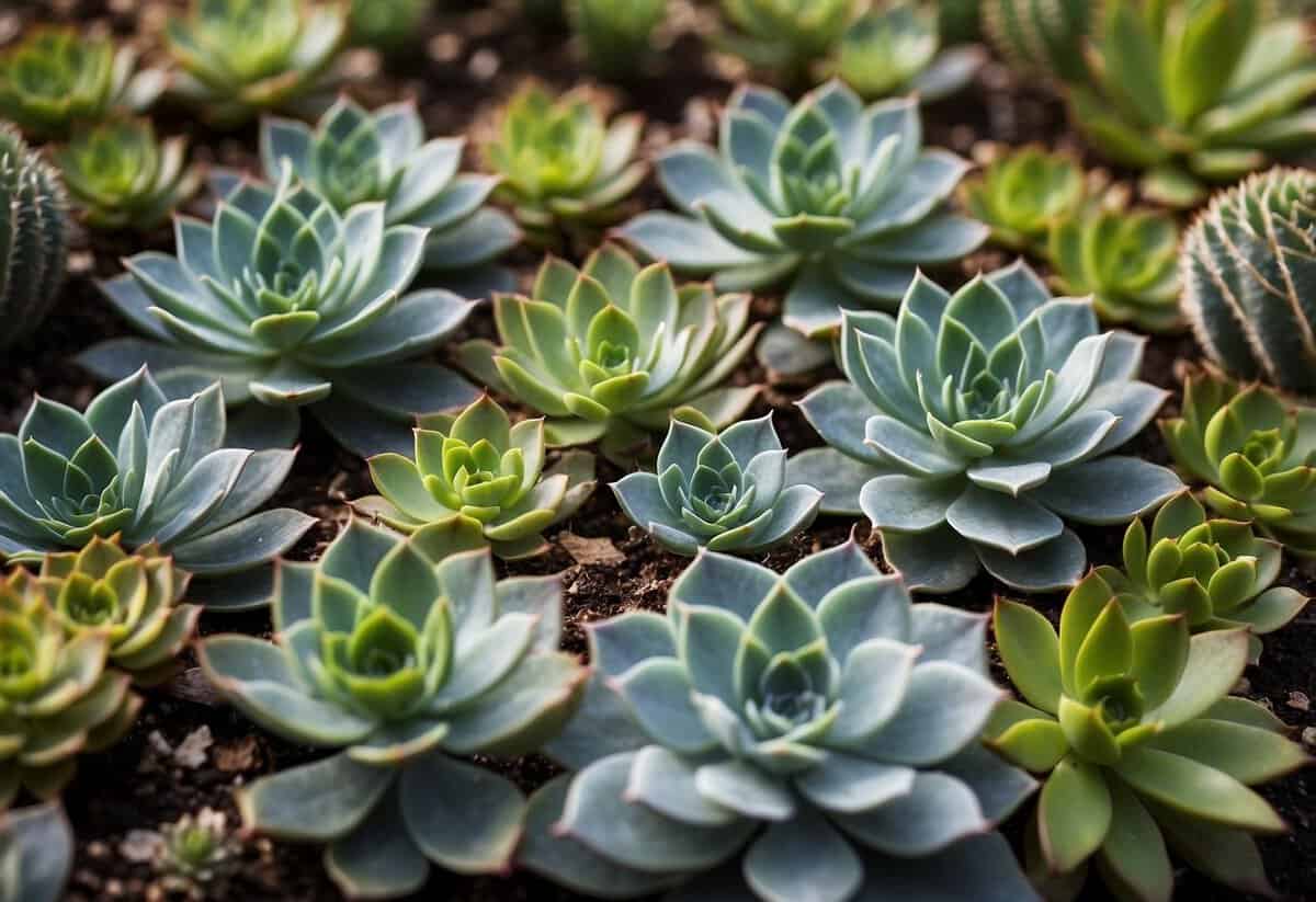 A lush succulent patch in a tidy garden, with various types of succulents arranged in a visually pleasing manner