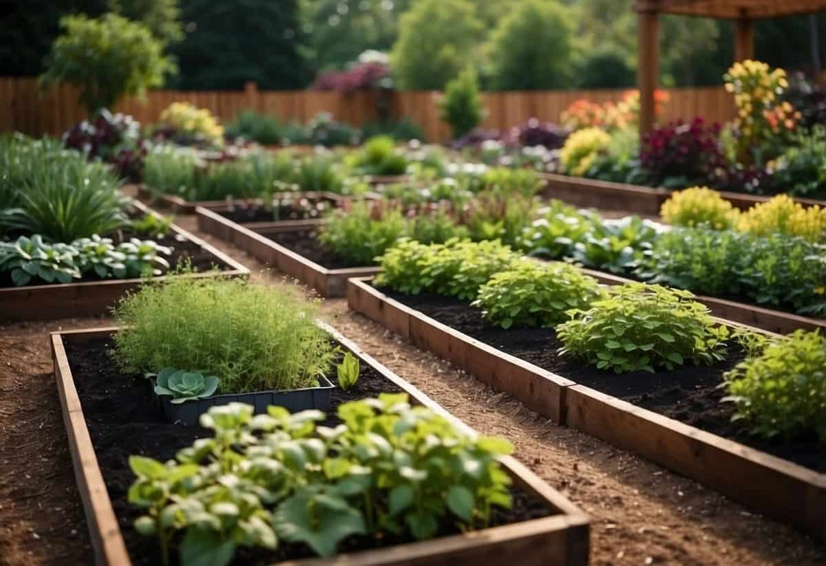 Lush garden beds with a variety of edible plants, neatly organized and surrounded by mulch. Raised beds are easily accessible and well-maintained