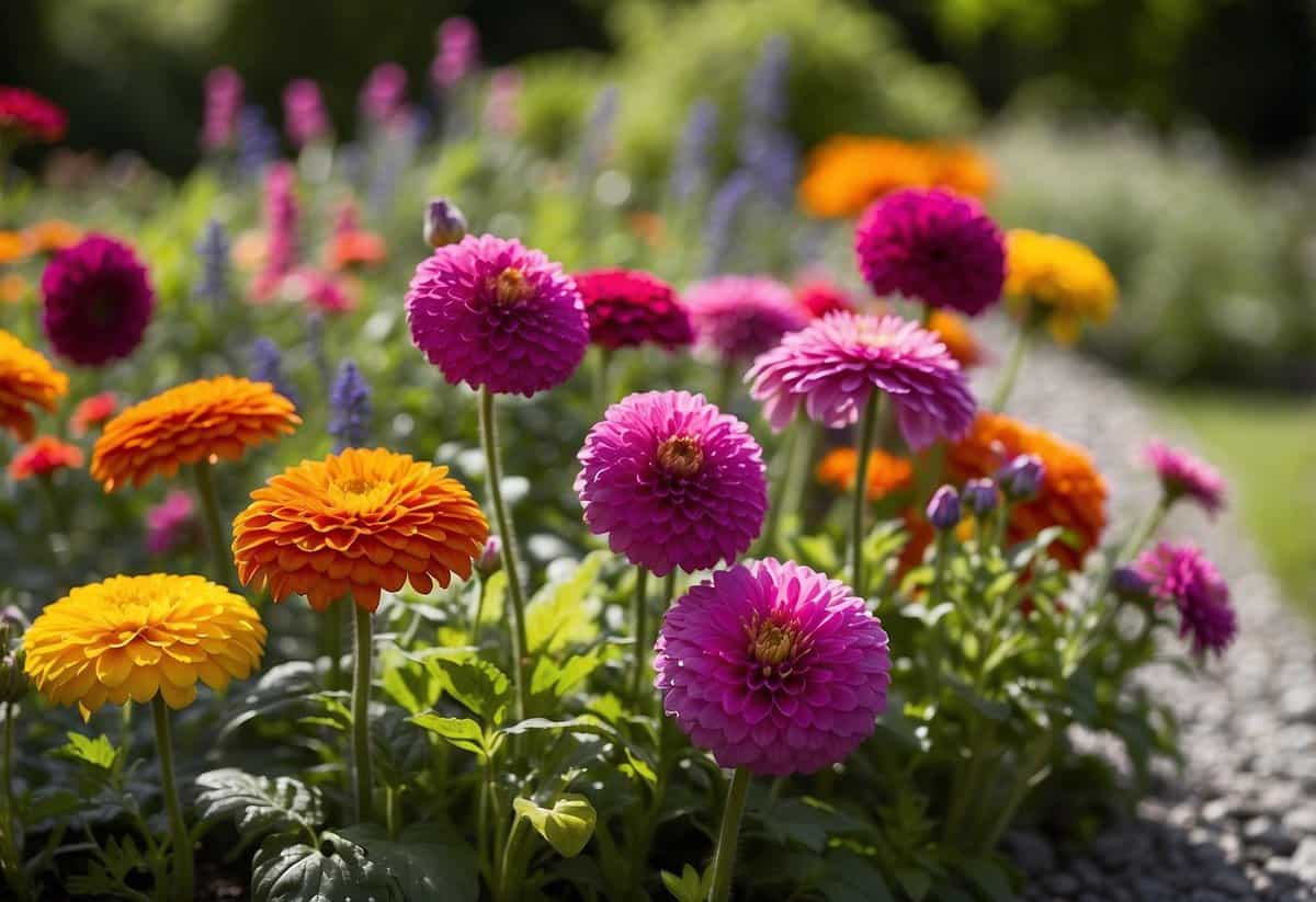 Vibrant annual flowers fill a tidy garden bed, contrasting against the lush green foliage. The flowers are easy to care for and create a colorful display in a New Zealand garden