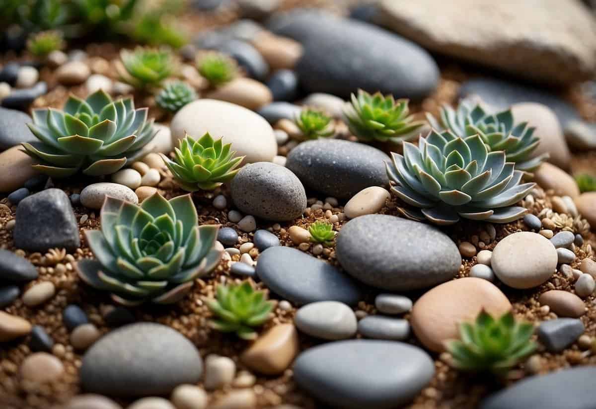 A rock garden with various succulents arranged in a simple and natural design, with small pebbles and driftwood accents