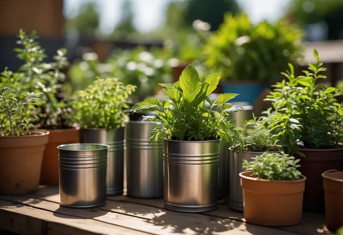 A small garden with various plants growing in recycled containers, such as plastic bottles and tin cans, arranged neatly on a sunny patio