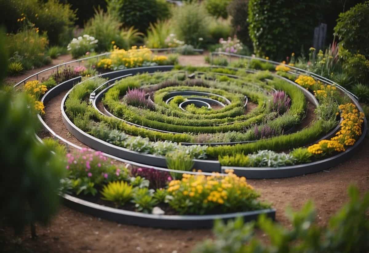 A small herb spiral garden in New Zealand, with a variety of herbs growing in a spiral pattern, surrounded by lush green foliage and colorful flowers