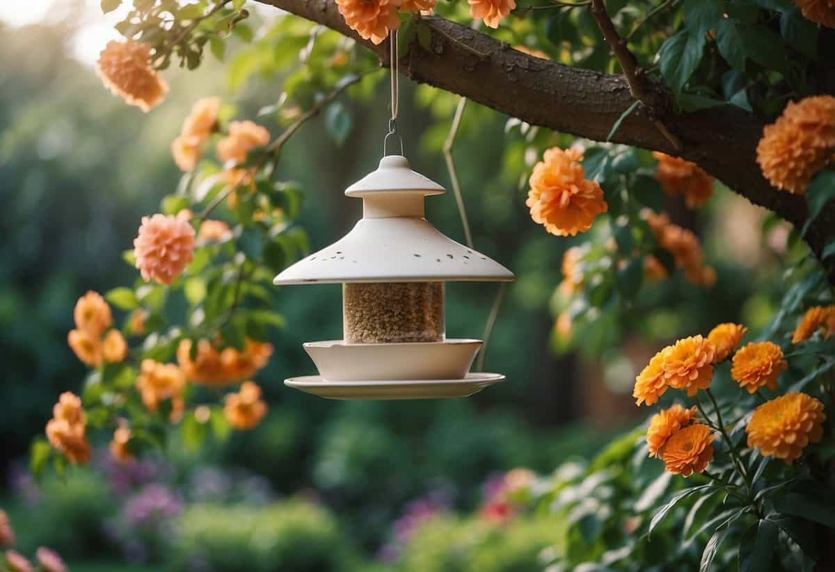 A bird feeder hangs from a tree in a simple garden, surrounded by lush greenery and colorful flowers