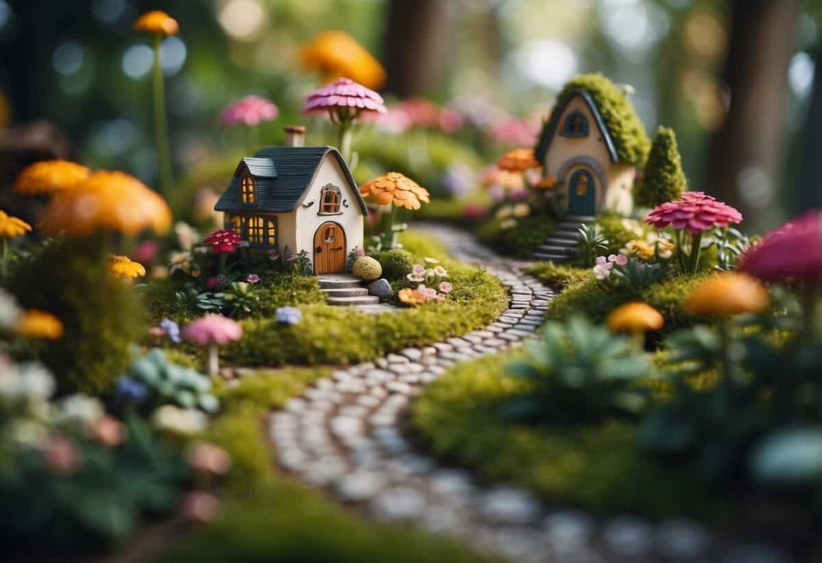 A whimsical fairy garden with colorful flowers, miniature houses, and tiny pathways winding through lush greenery