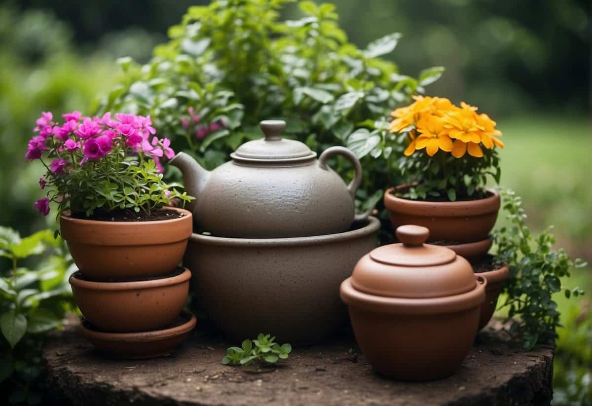 A cluster of old pots stacked on top of each other, with water trickling down from the top pot to the bottom, surrounded by lush green plants and colorful flowers