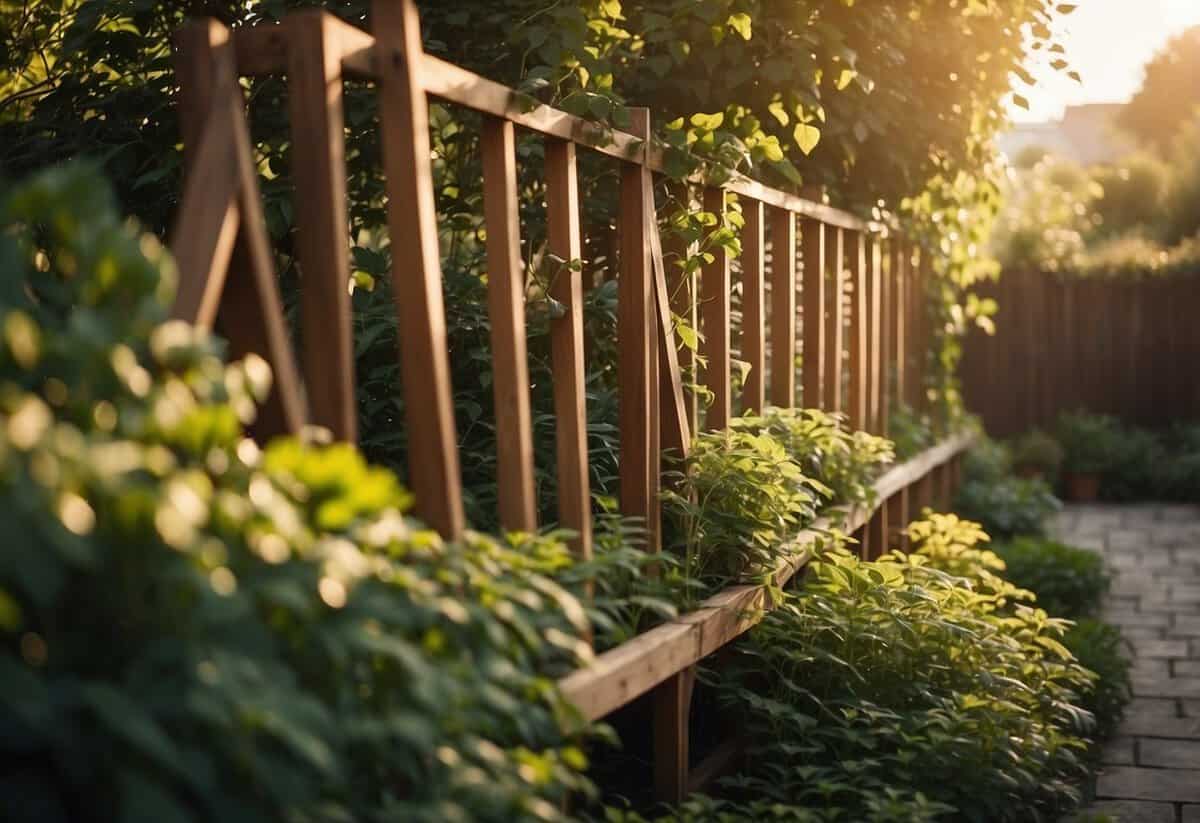 A wooden trellis stands in a garden, adorned with lush climbing plants. The sun shines down on the simple DIY structure, adding a touch of natural beauty to the outdoor space