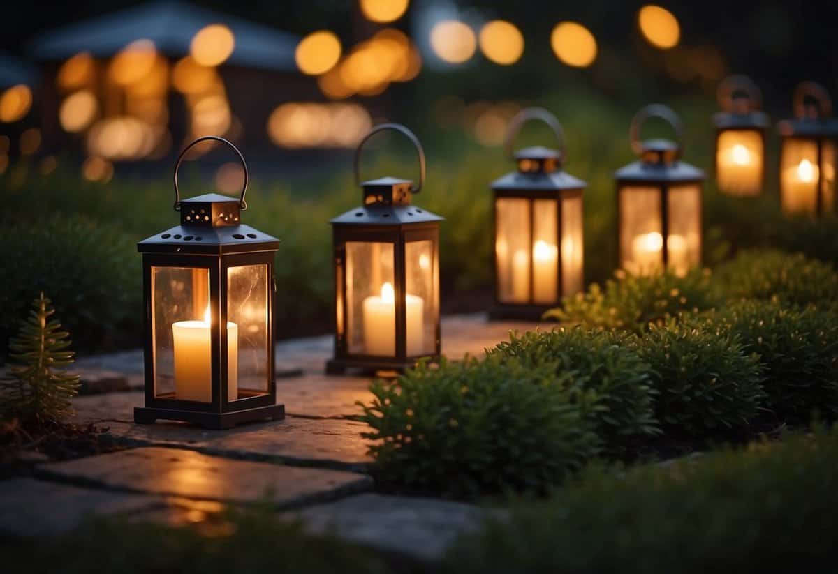 Several outdoor candle lanterns are placed strategically throughout a simple garden, casting a warm and inviting glow in the evening