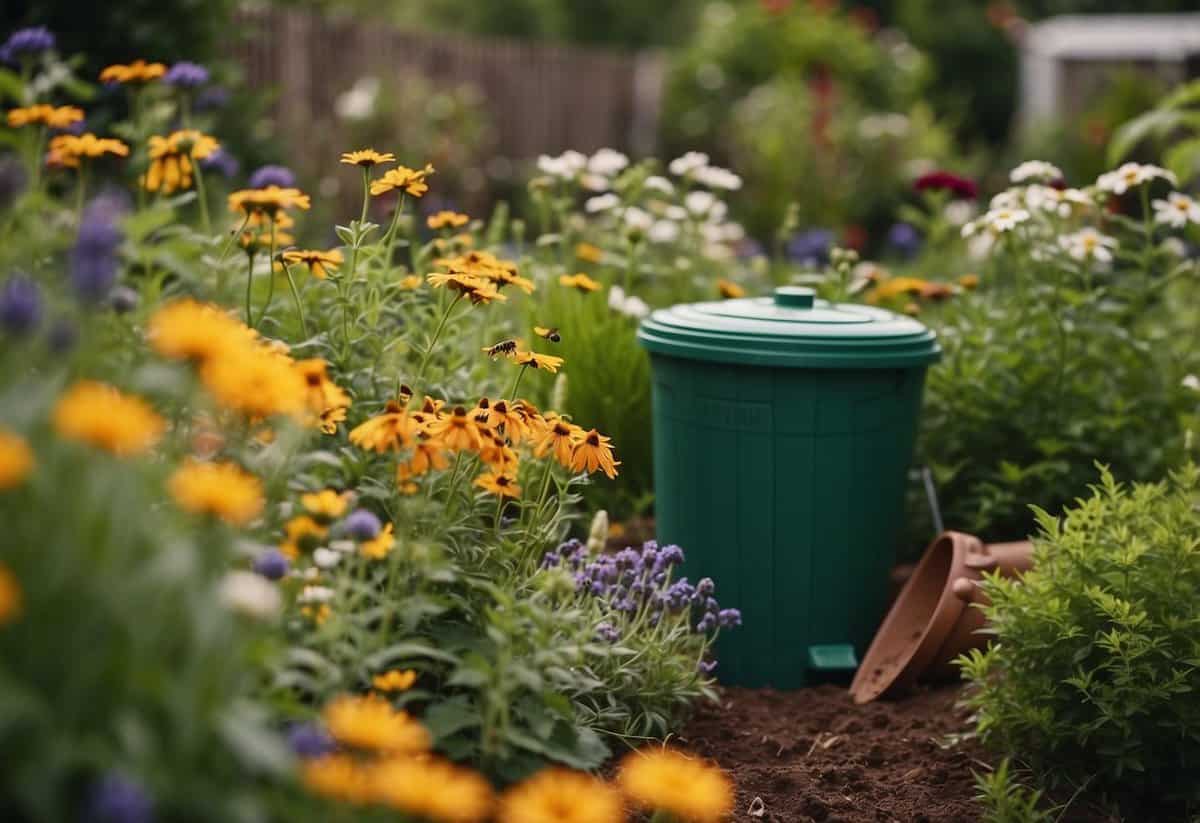 A lush garden with compost bins, rain barrels, and native plants. Bees and butterflies flit among the flowers, while a small vegetable patch thrives