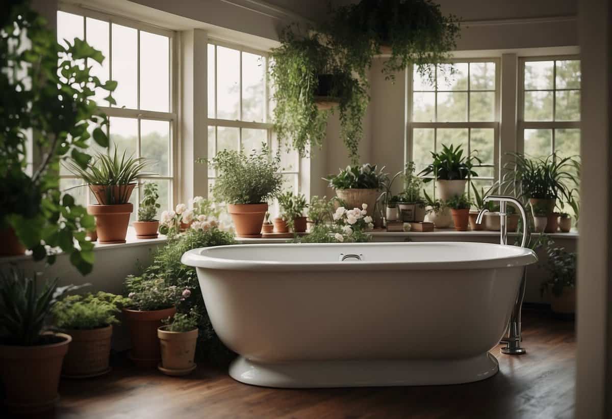 A garden tub surrounded by floating shelves adorned with plants and decorative items