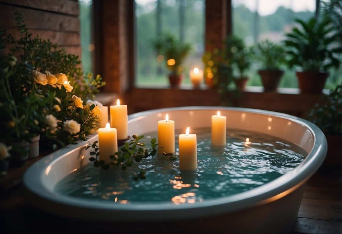 A garden tub is adorned with fragrant candles, creating a cozy and inviting atmosphere for relaxation and pampering