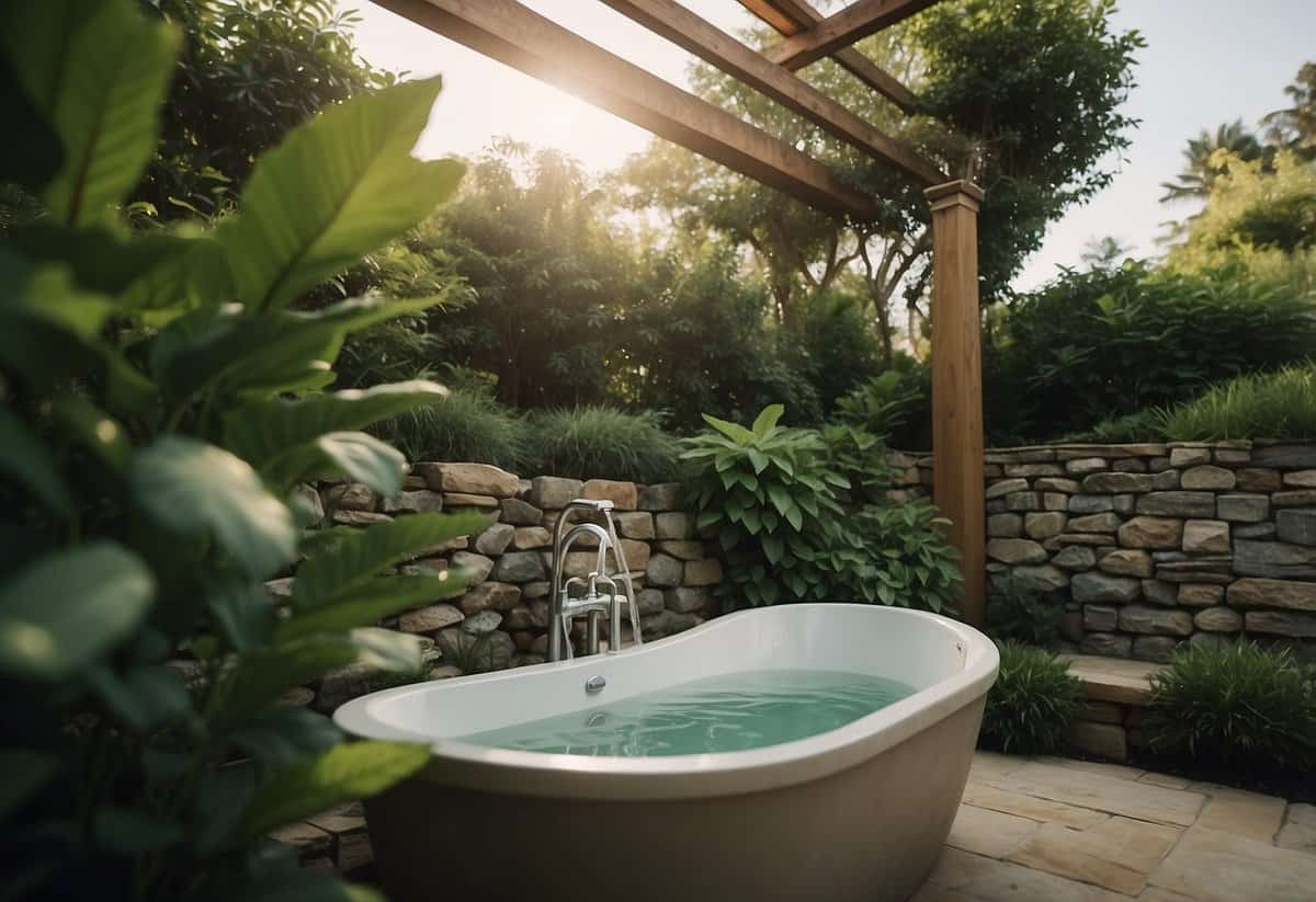 A garden tub with stone accents surrounded by lush greenery and soft lighting