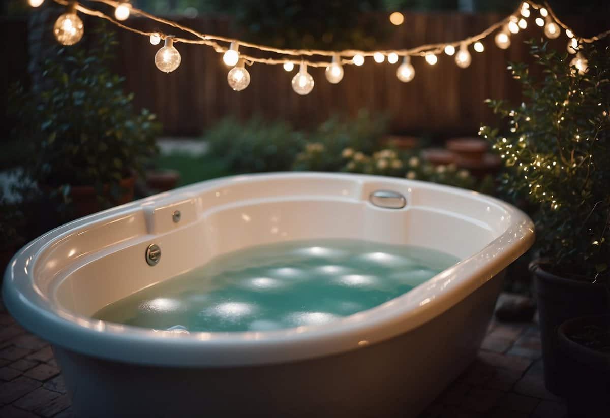 A garden tub is surrounded by a string of twinkling lights, creating a cozy and whimsical atmosphere