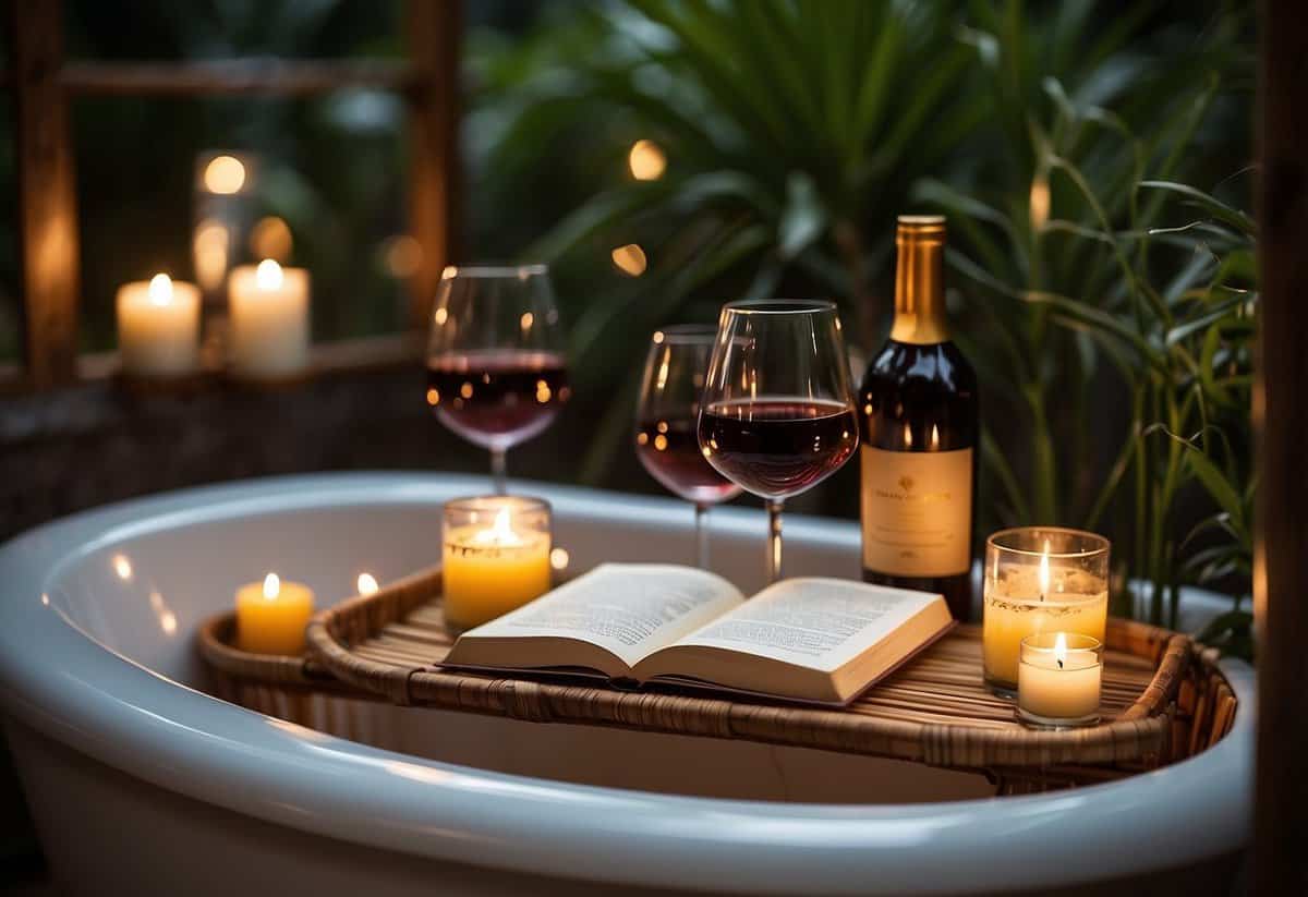 A bamboo bath caddy sits on the edge of a garden tub, adorned with candles, a book, and a glass of wine