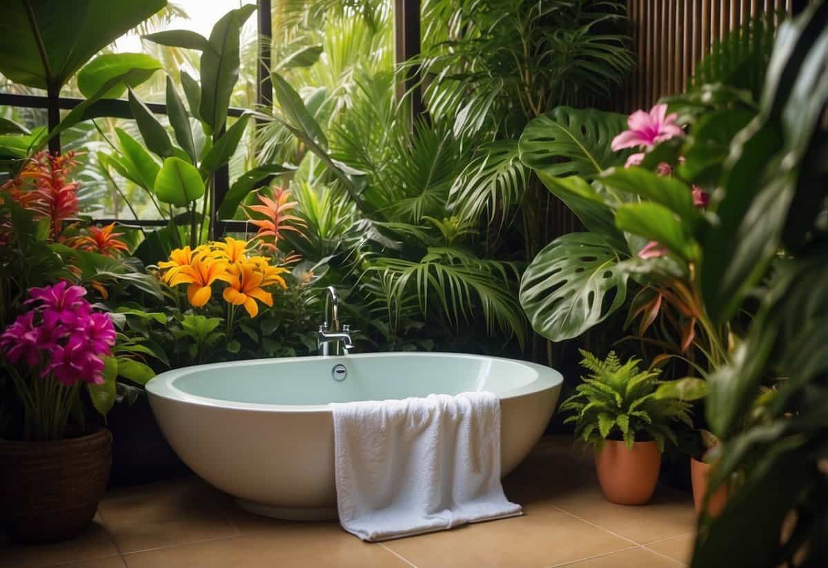 A garden tub sits in a lush, tropical setting, with a towel warmer mounted on the wall nearby. Greenery and colorful flowers surround the tub, creating a serene and luxurious atmosphere