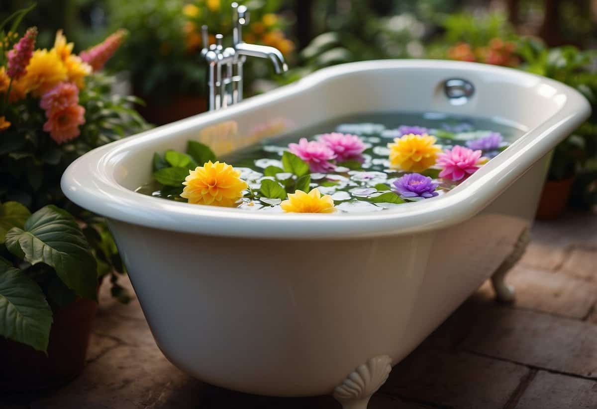 A garden tub filled with scented soaps, surrounded by lush greenery and colorful flowers, creating a serene and relaxing atmosphere