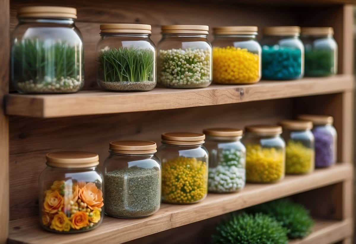 Glass jars neatly arranged on wooden shelves, filled with colorful flowers and herbs, creating a charming and practical garden tub decorating idea