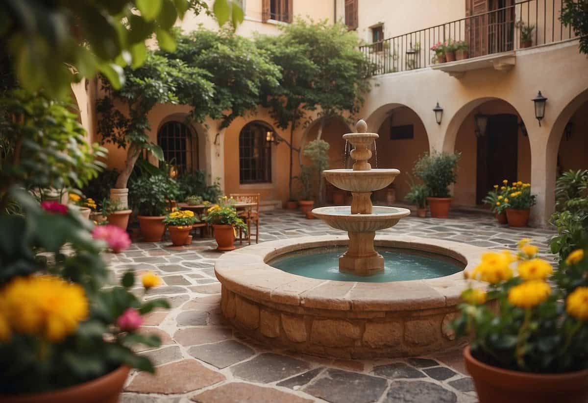 A Mediterranean courtyard with stone pathways, terracotta pots, and colorful flowers. A small fountain sits in the center, surrounded by lush greenery and cozy seating areas