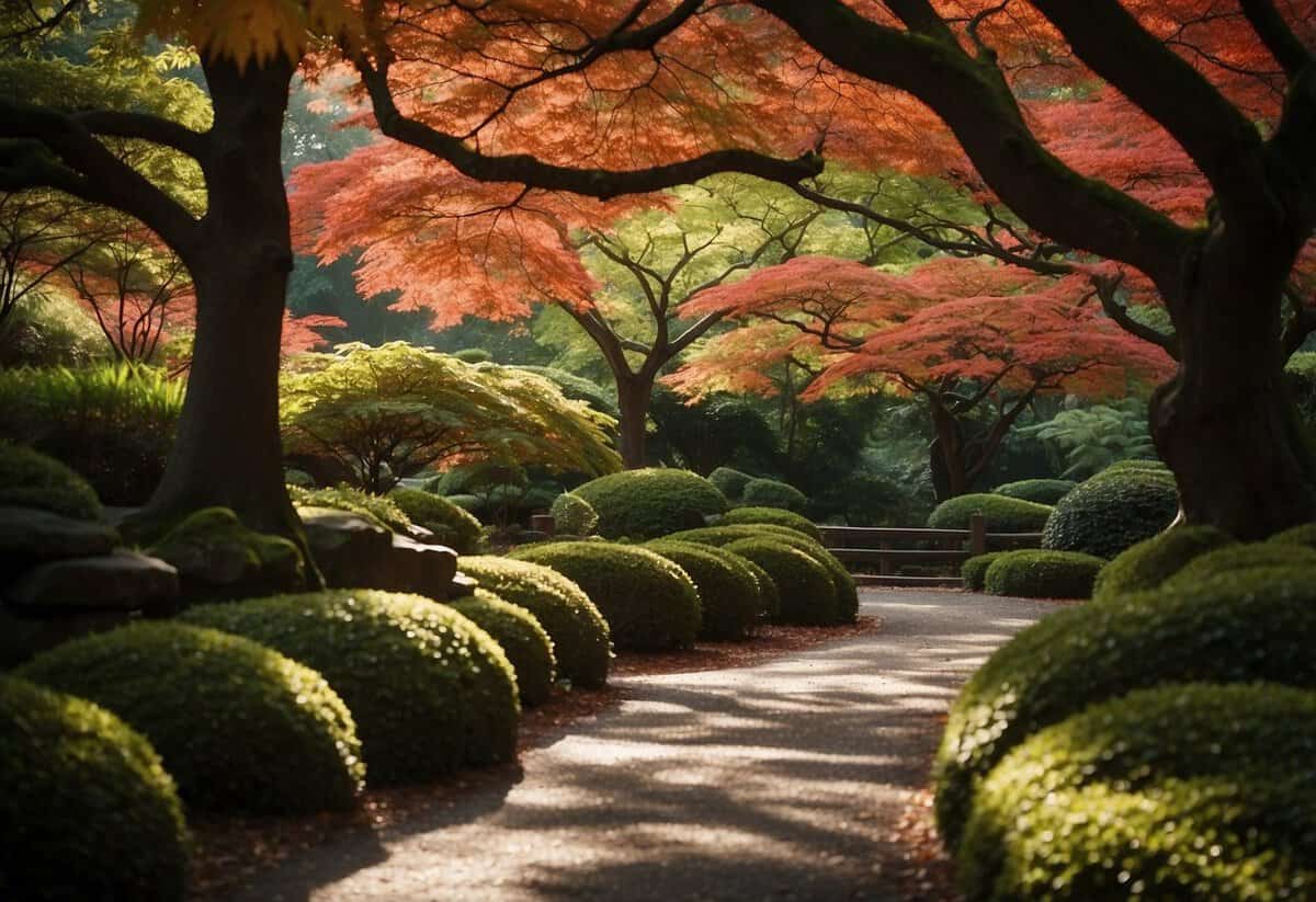 A serene pathway winds through a Japanese maple garden, lined with vibrant red and green foliage. The dappled sunlight creates a peaceful and tranquil atmosphere