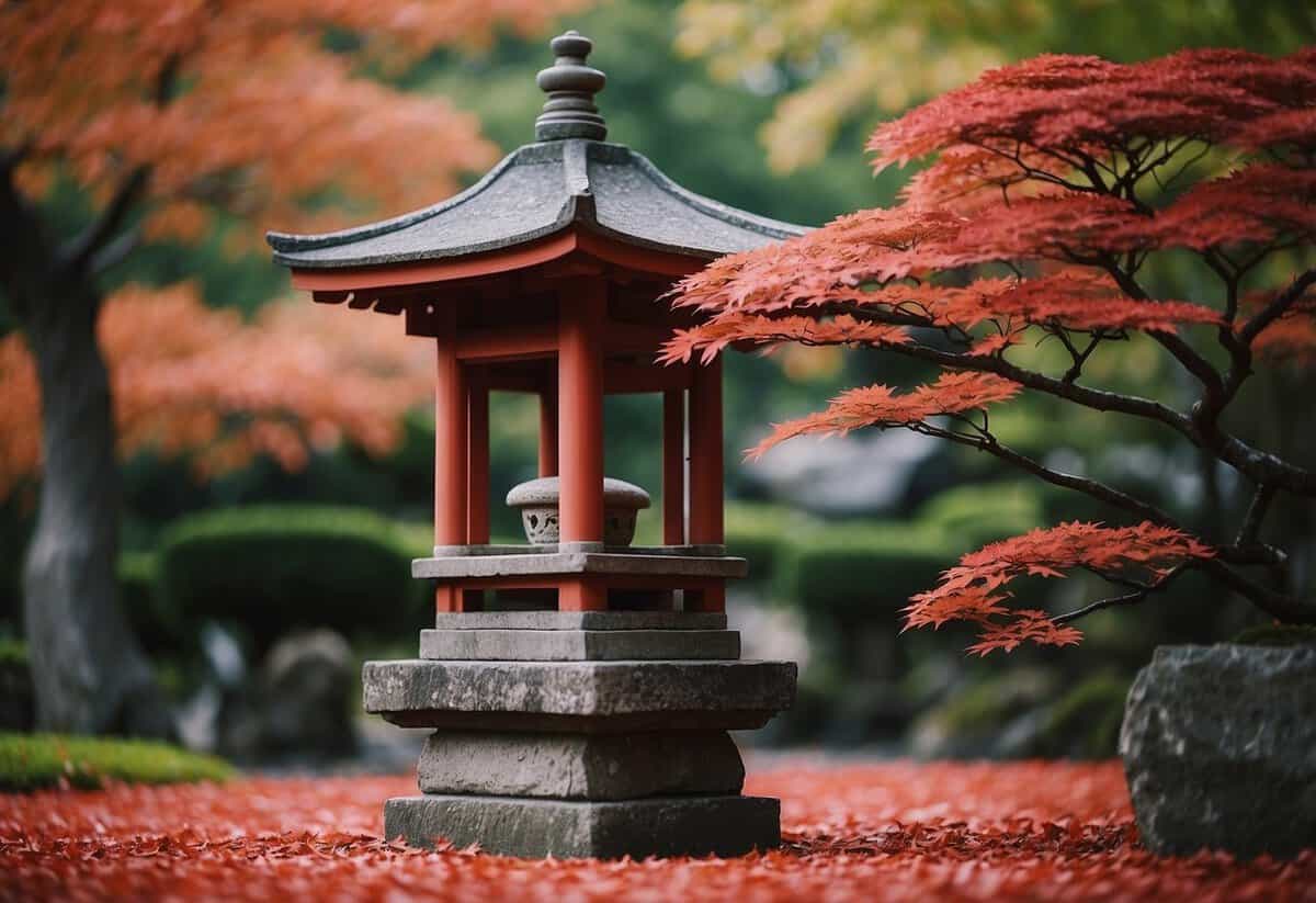 A serene Japanese garden with a vibrant maple tree next to a traditional stone lantern. The tree's red leaves contrast against the greenery