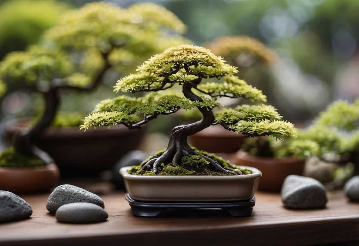 A small bonsai Japanese maple tree sits on a tabletop surrounded by miniature garden figurines and tiny rocks, creating a serene and peaceful scene