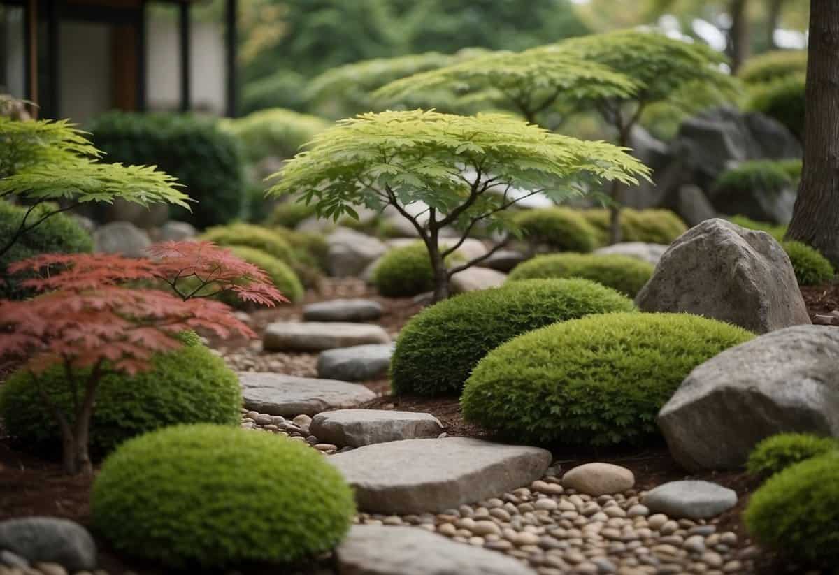 A tranquil rock garden with variegated Japanese maples, creating a serene and harmonious landscape