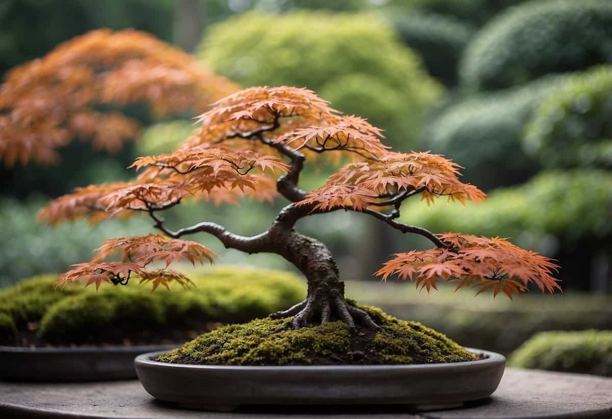 A circle of Japanese maple bonsai trees in a tranquil garden