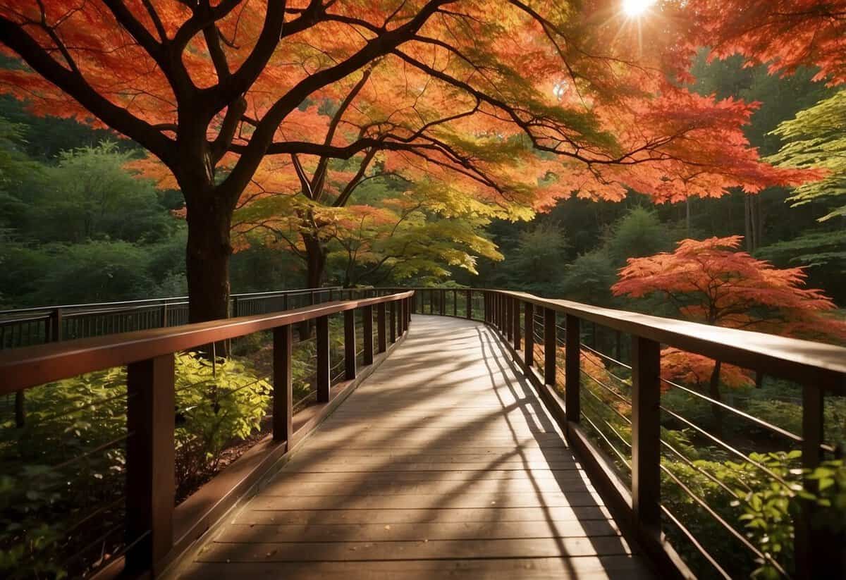 Vibrant red and orange Japanese maple trees line the viewing deck, with a backdrop of lush greenery. The sun casts a warm glow, creating a serene and picturesque setting for seasonal maple viewing