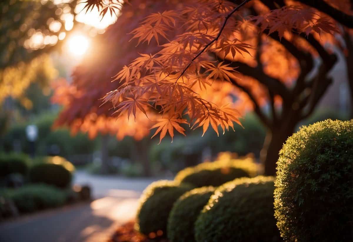 A serene evening stroll through a Japanese maple garden, with the soft glow of the setting sun casting a warm light on the vibrant red and orange leaves of the maple trees