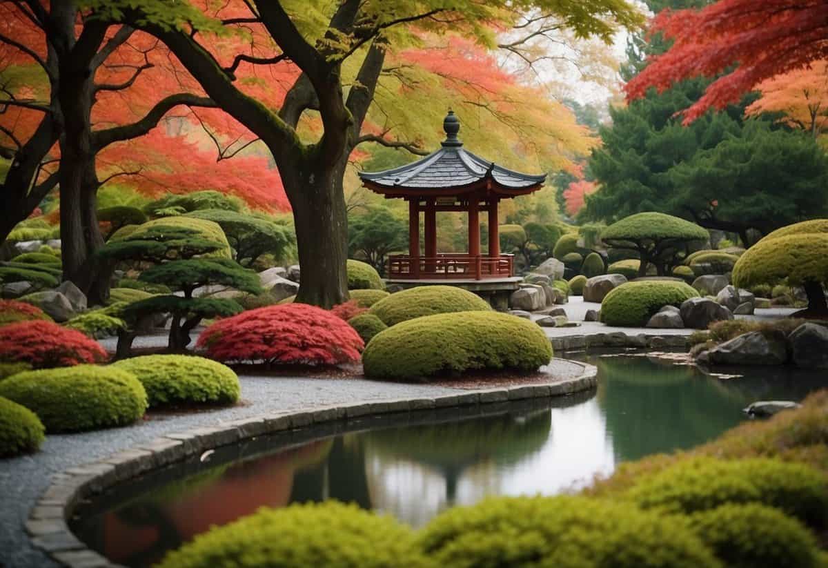 A Japanese maple garden with winding paths, stone lanterns, and a tranquil pond surrounded by vibrant red and green maple trees