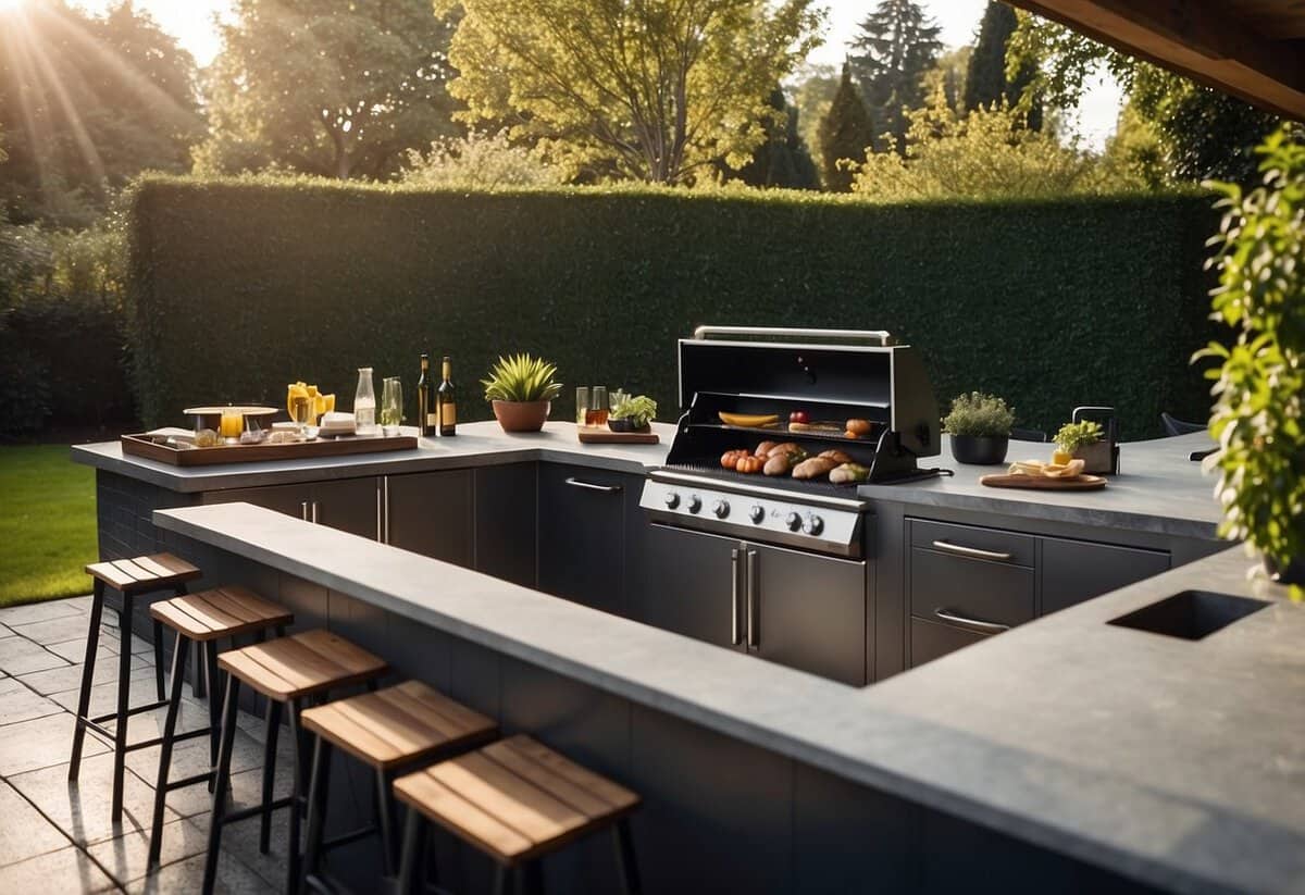 A spacious outdoor kitchen island with a built-in BBQ grill surrounded by a lush garden, with plenty of seating and storage options